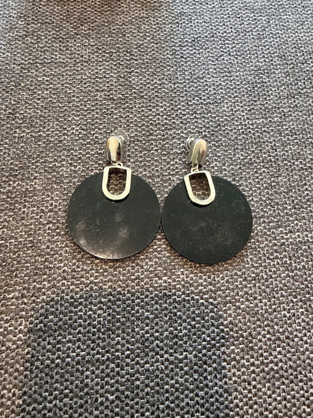 Round Black Drop Earrings with Silver Accents